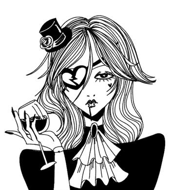 drawn image (picrew) of a woman in a gothic dress, drinking wine