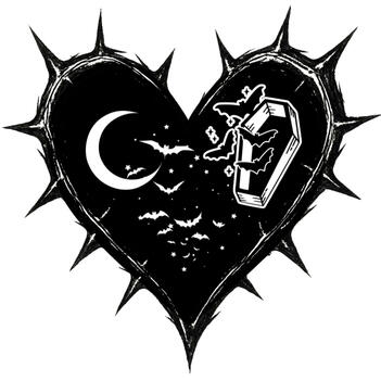 another heart collage outlines of a coffin, crescent moon and bats inside a black heart adorned with thorns